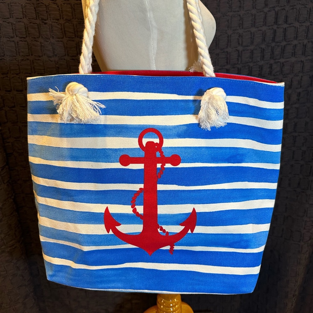 Beach Bag Nautical Summer Blue Tote Stripes W/ Anchor Faux Rope Handles Pocket
